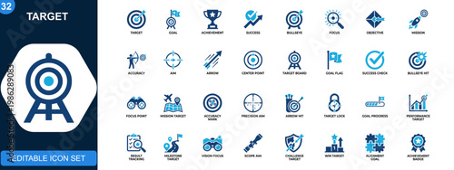 Target icon set, goal achievement, success, aiming, bullseye, focus, objective, mission, accuracy icons collection. Vector.