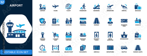 Airport icons set, aviation, flight, boarding, passenger, baggage, security, immigration, customs, terminal, departure, arrival. Solid icons collection. Vector.