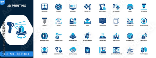 3D printing icon set, additive manufacturing, 3D printer, filament, modeling, prototyping, scanning, layer build process. Solid icons collection. Vector.