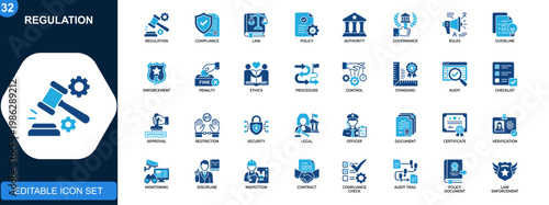 Regulation icon set, compliance, law, authority, governance, rules, policy, ethics, penalty, procedure, enforcement. Icons collection. Vector.