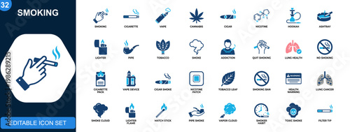 Smoking icon set, cigarette, vape, cannabis, cigar, nicotine, hookah, ashtray, lighter, pipe, lung health, quit smoking. Solid icons collection. Vector.