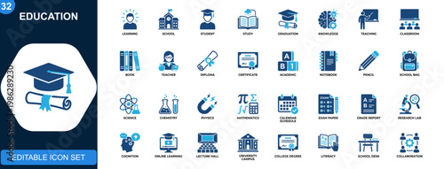 Education icon set, learning, student, graduation, school, knowledge, teaching, stationery, academic tools, science subjects. Solid icons collection. Vector.