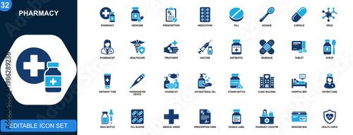 Pharmacy outline icon set, medicine, prescription, pill, medication, dosage, capsule, pharmacist, healthcare treatment. Outline icons collection. Vector.