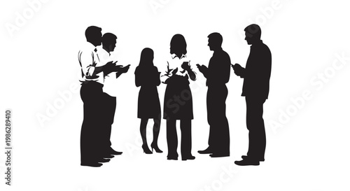 Group of business people gathered together communicating and looking at smartphones illustration vector.