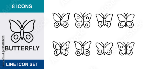 8 Butterfly linear icons wings antenna insect species nature garden, UI and web interface design
