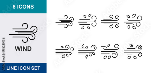 8 Wind linear icons breeze air flow leaves gust weather forecast storm motion, UI and web interface design