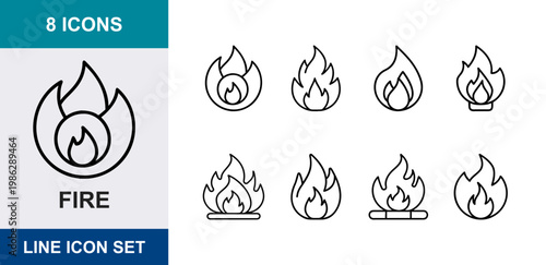 8 Fire linear icons flame, bonfire, heat, campfire, blaze, burn, spark, UI and web interface design