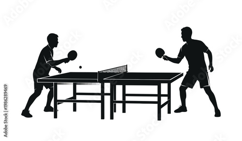 A dynamic depiction showcases two male athletes intensely engaged in a ping pong match captured in a striking silhouette high quality professional detailed modern