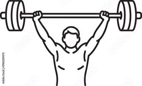 Lifting weights with health and fitness, upside down, and raised arms in outline style icon set