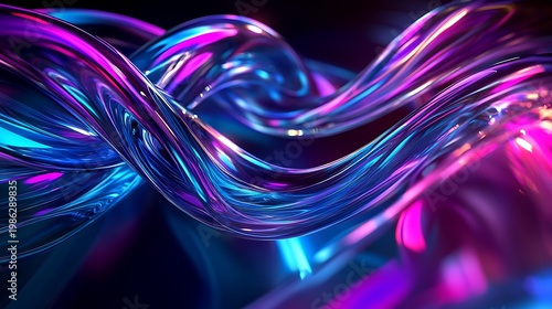 Futuristic neon abstract wave background with glowing pink blue light lines, vibrant digital energy flow, technology wallpaper for music gaming banner design