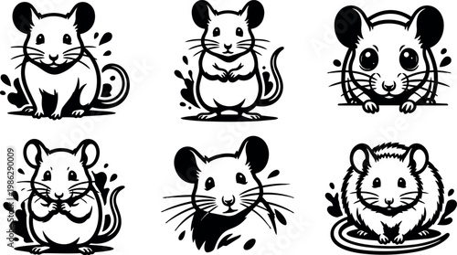 Black and white cute mouse cartoon faces and poses vector art