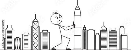 Sad stick figure struggling to move a tall skyscraper building against a city skyline