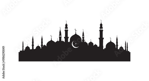 Mosque silhouette with crescent moon and star, detailed islamic architecture, isolated on white background, vector illustration.