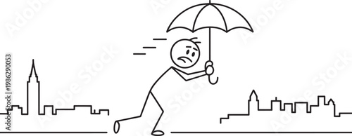 Sad stick figure person running with umbrella against strong wind in a city with bad weather
