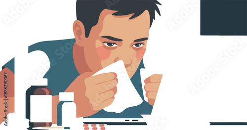 Man blowing nose with tissue in front of laptop feeling sick exhausted and overwhelmed by work and client edits.