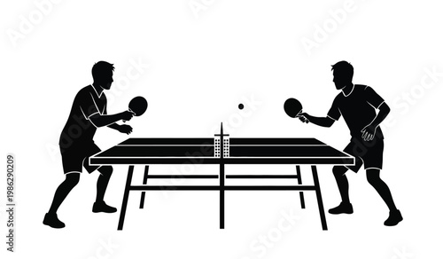 Two male athletes are intensely engaged in a ping pong match showcasing dynamic movement and competitive spirit presented as a silhouette high quality professional