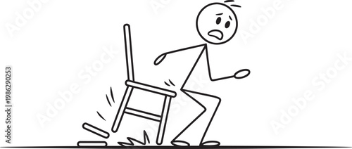 Stick figure falling backwards after tripping over a chair leg breaking with white background