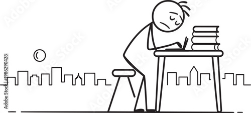 Stick figure man looking tired while working late at night with a laptop and 5 books at his