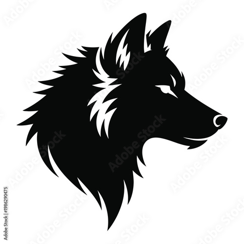 A striking black wolf head design sharply defined and powerfully represented silhouette
