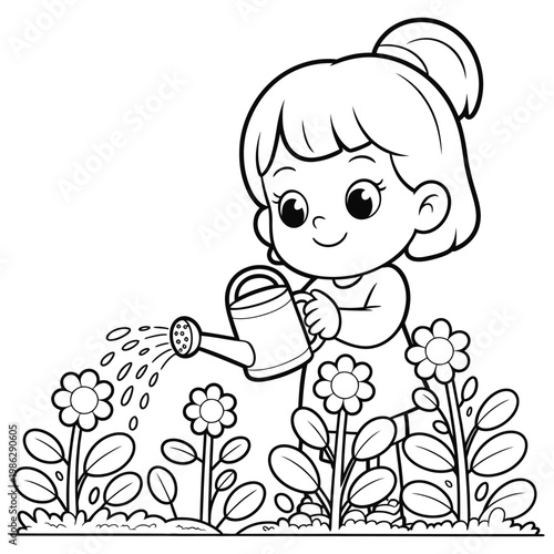 A young girl cheerfully waters blooming flowers in a garden a lovely silhouette