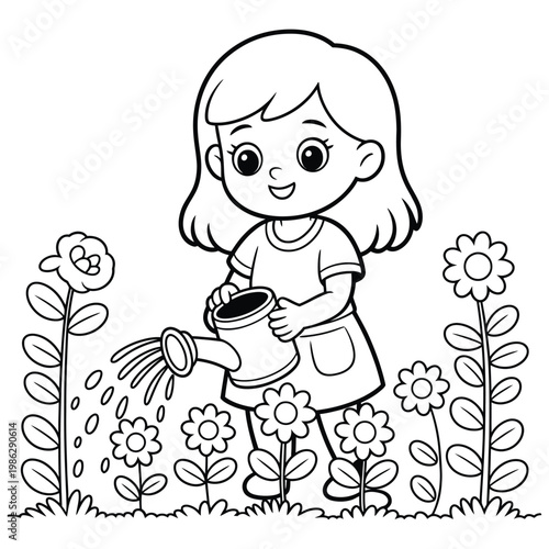 A young girl cheerfully waters flowers in a garden depicted as a clean silhouette