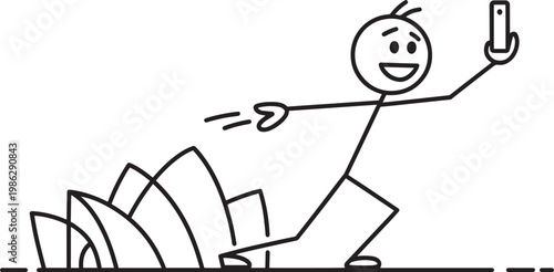 Stick figure taking a selfie with a smartphone in front of a famous landmark illustration