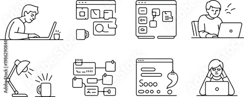 People working hard icons collection, outline style, work late at night, work overtime, freelancer.