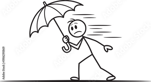 Stick figure with umbrella battling strong wind and rain, facing adversity with bad weather