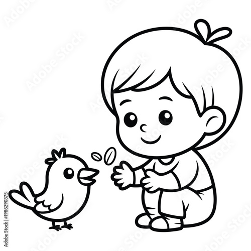 A cheerful toddler shares seeds with a small bird in a delightful illustration silhouette