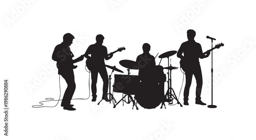 Silhouettes of rock band musicians performing on stage with guitarists drummer and vocalist vector illustration black.