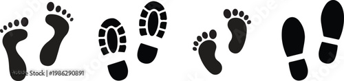 footprint and shoe print icon set — black silhouette bare foot and sole trail step symbol vector illustration for walking and tracking design