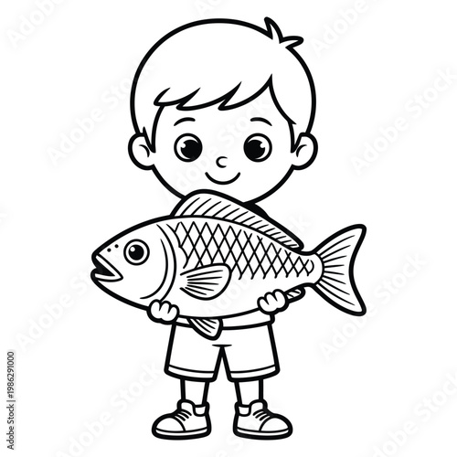 A young boy proudly displays a large fish he caught outlined in silhouette