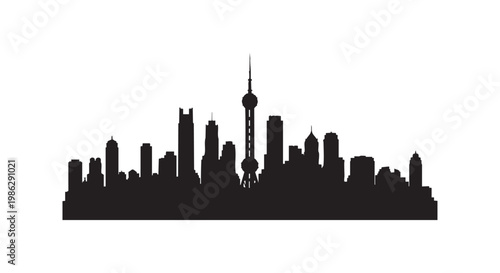Skyline silhouette of Shanghai city with famous landmarks and skyscrapers on white background for urban design concepts.
