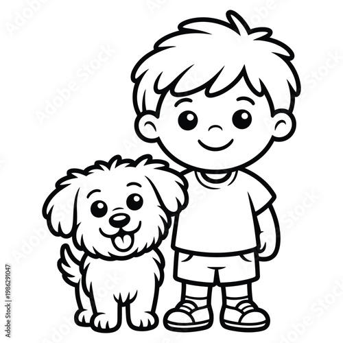 A cheerful boy stands with his fluffy dog companion a simple black silhouette