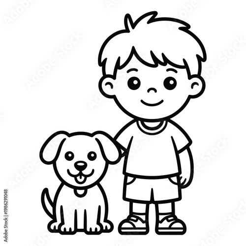 A cheerful boy and his canine companion stand together a simple black silhouette