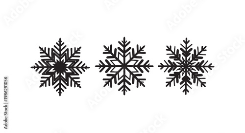 Snowflakes vector set isolated, black outline collection of unique frosty elements on white background.