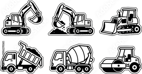 Black and white line art vector construction vehicles including excavator dumper truck and steamroller