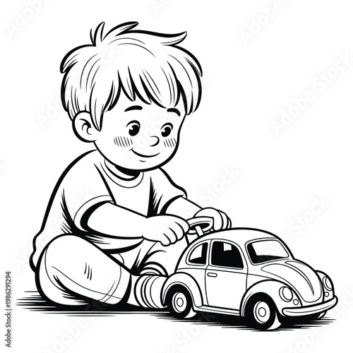 A young boy happily plays with a classic car toy in a detailed black silhouette