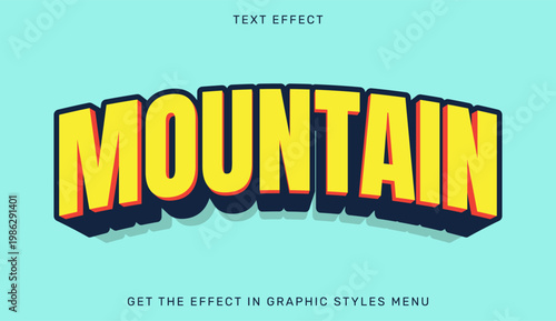 A vibrant graphic design featuring the word MOUNTAIN in bold yellow letters with a 3D effect on a light blue background
