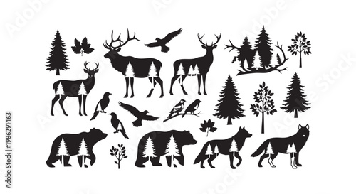 Wild animals and forest nature silhouette vector illustration collection with deer bear wolf birds and evergreen pine trees.