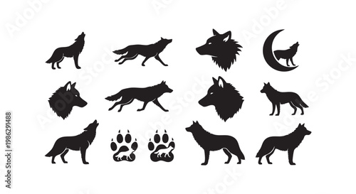 Wolf silhouette collection featuring running howling and profile head positions for wildlife animal conservation graphic.
