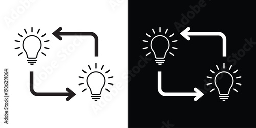 Light bulb icons with directional arrows illustrating the exchange of ideas, creative collaboration, brainstorming cycles, and innovation workflow for business teams.
