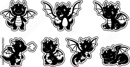 Black and white cartoon baby dragon poses vector art set