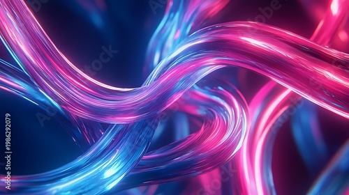 Futuristic neon abstract wave background with glowing pink blue light lines, vibrant digital energy flow, technology wallpaper for music gaming banner design
