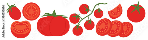 
A collection of different types of tomatoes with cherry tomatoes on the vine, sliced ​​tomatoes, and whole ripe fruits to illustrate nutritional needs.