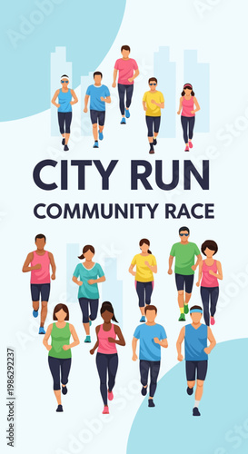 Vibrant City Run Community Event Depicting Diverse Individuals Participating in a Race