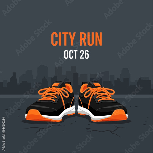 Vibrant City Run Illustration Featuring Stylish Running Shoes with Urban Silhouette in Background