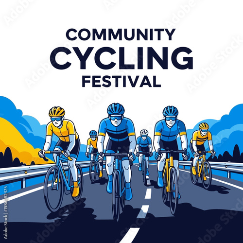 Vibrant Community Cycling Festival Illustration Showcasing Riders on Scenic Roadways