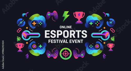 Vibrant eSports Festival Illustration Design Featuring Gaming Controllers and Championship Trophies