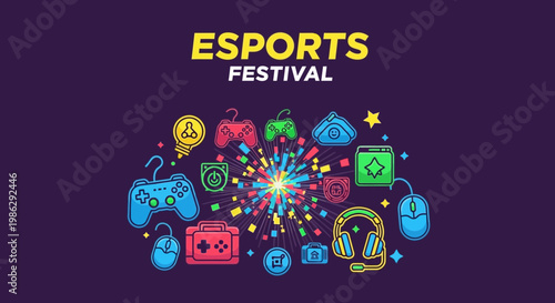 Vibrant eSports Festival Illustration Featuring Colorful Gaming Gadgets and Festive Energy